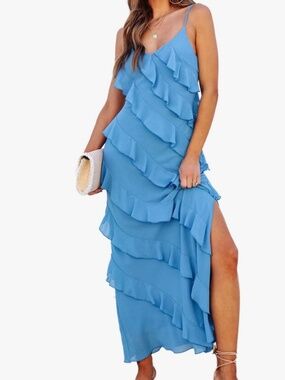 Spaghetti Straps Layered Ruffle Maxi Dress Slim Fit Ruffle Tiered Maxi Small